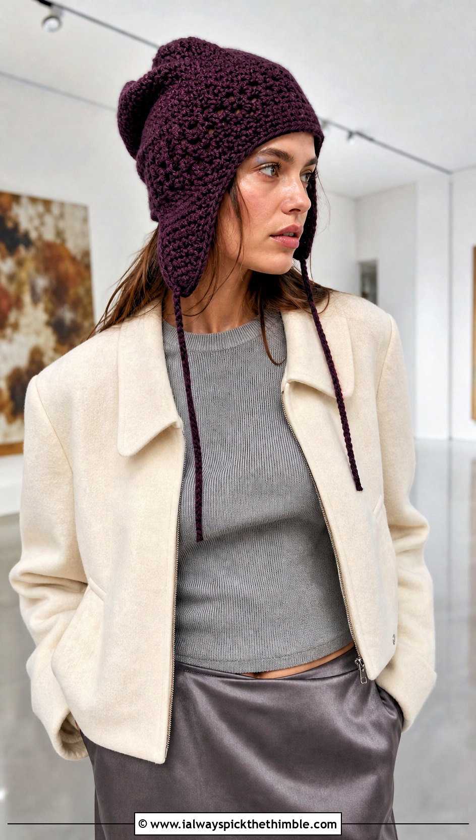 Slouchy Crochet Ear Flap Hat With Satin Skirt - 20 crochet adult ear flap hat outfit ideas