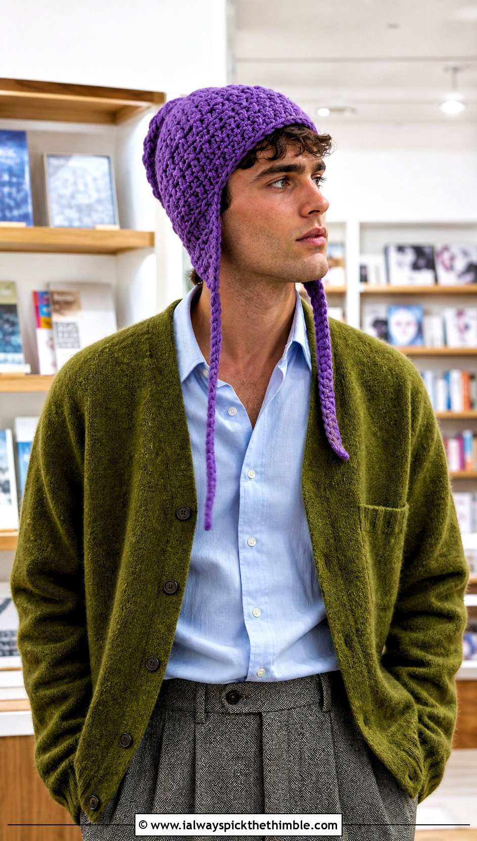 Slouchy Crochet Earflap Hat With Cardigan And Trousers - 20 Mens Crochet Earflap Hat outfit ideas