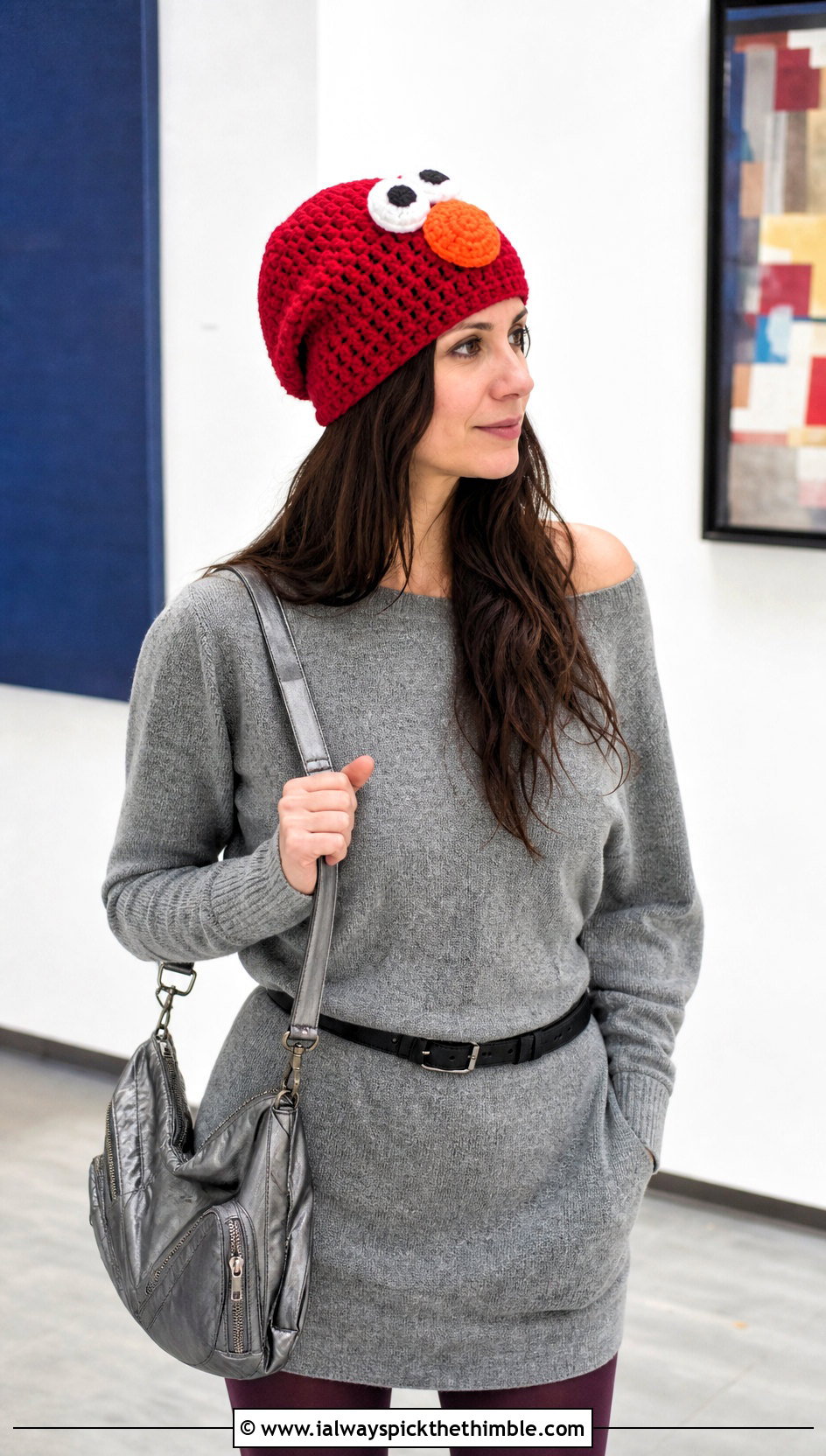 Slouchy Crochet Elmo Hat With Sweater Dress - 15 Crochet Elmo Hat outfit ideas