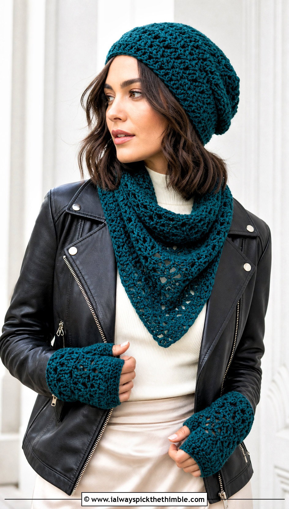 Slouchy Crochet Hat Triangle Scarf And Fingerless Mittens With Leather Jacket - 20 Crochet Hat Mittens Scarf Set outfit ideas