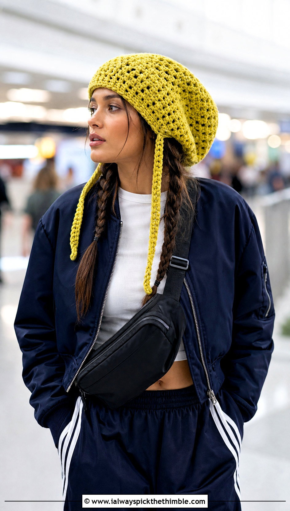 Slouchy Crochet Hat With Braids And Bomber Jacket - 20 crochet hat with braids outfit ideas