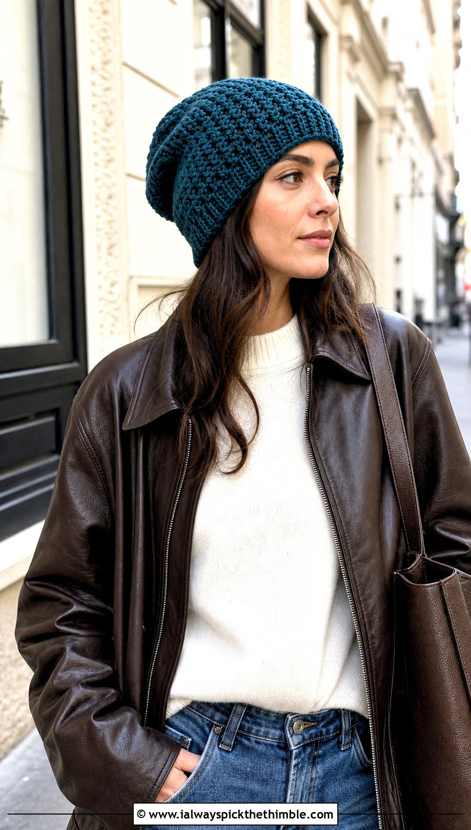 Slouchy Crochet Hat With Leather Jacket - 15 Crochet Warm Winter Hat outfit ideas