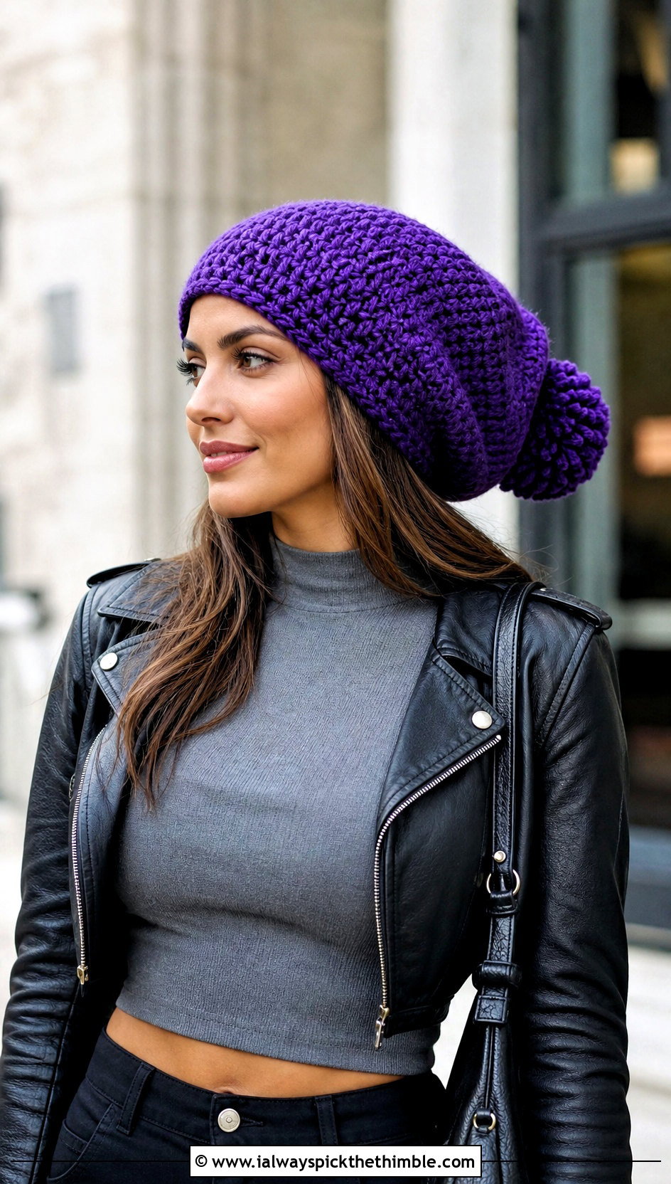 Slouchy Crochet Hat With Pom Pom And Leather Jacket - 20 crochet hat with pom pom outfit ideas