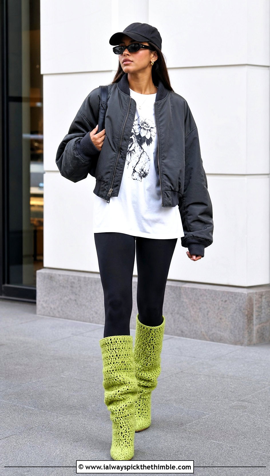 Slouchy Crochet Knee High Boots With Leggings And A Bomber Jacket - 15 Crochet Knee High Boots outfit ideas