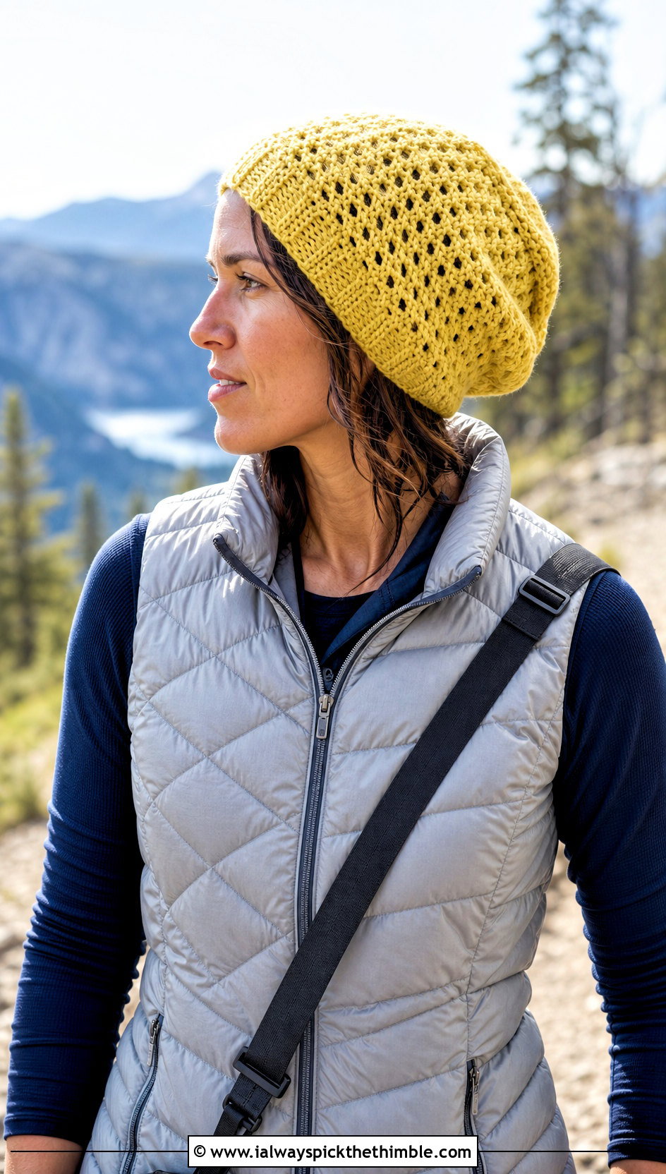 Slouchy Crochet Lace Beanie With Puffer Vest - 20 crochet lace beanie outfit ideas