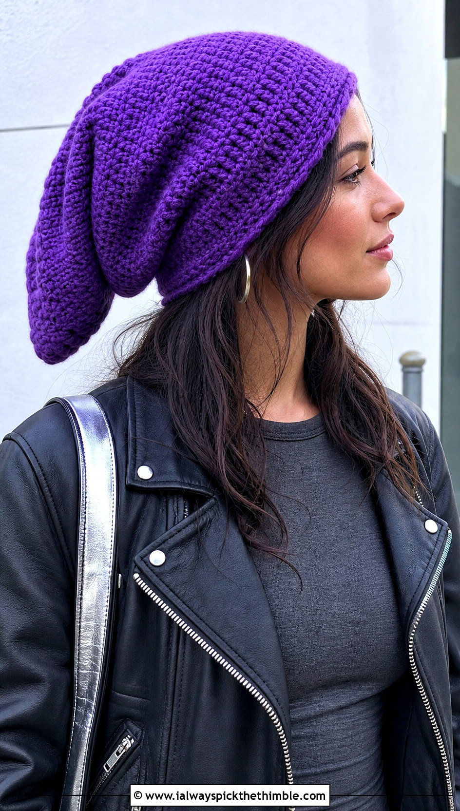 Slouchy Crochet Link Hat With Leather Jacket - 20 crochet link hat outfit ideas