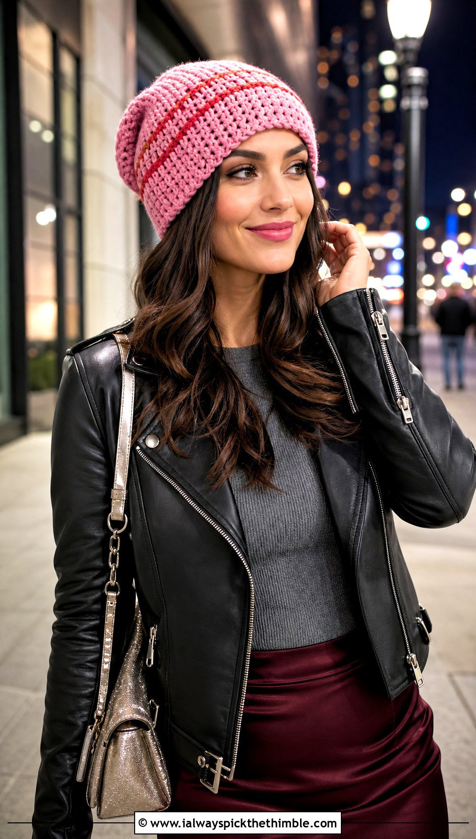Slouchy Crochet Mahomes Beanie With Leather Jacket And Satin Skirt - 15 Crochet Mahomes Hat outfit ideas