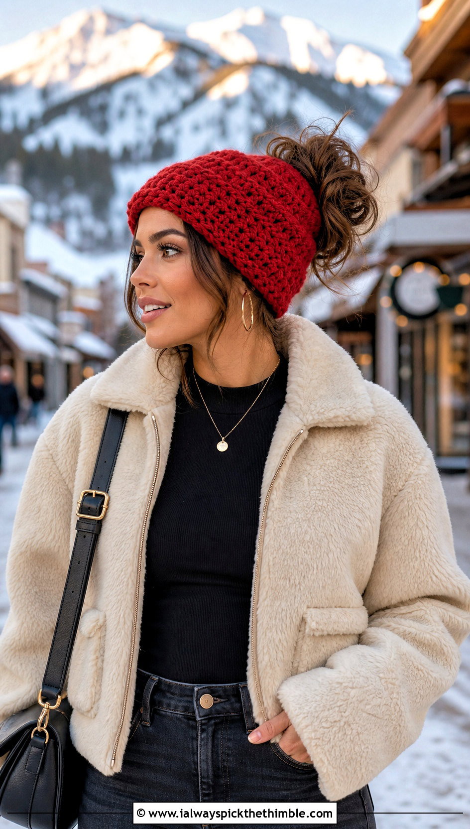 Slouchy Crochet Messy Bun Hat With Elastic And Shearling Jacket - 20 Crochet Messy Bun Hat With Elastic outfit ideas