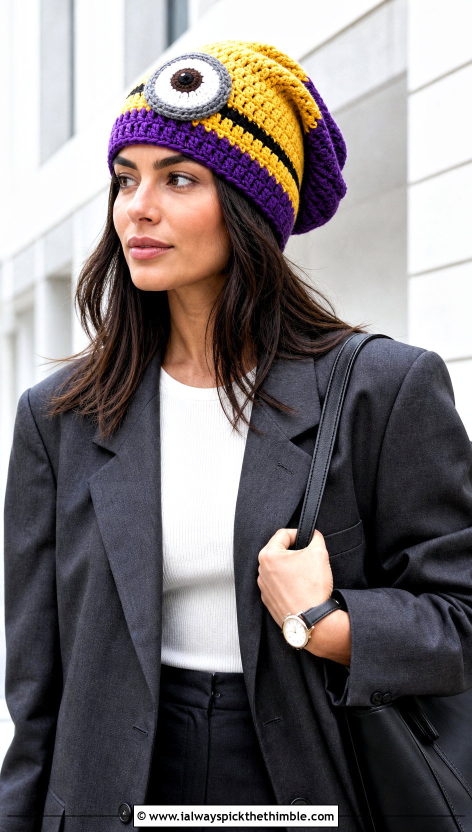 Slouchy Crochet Minion Beanie With Oversized Blazer - 20 Crochet Minion Hats outfit ideas