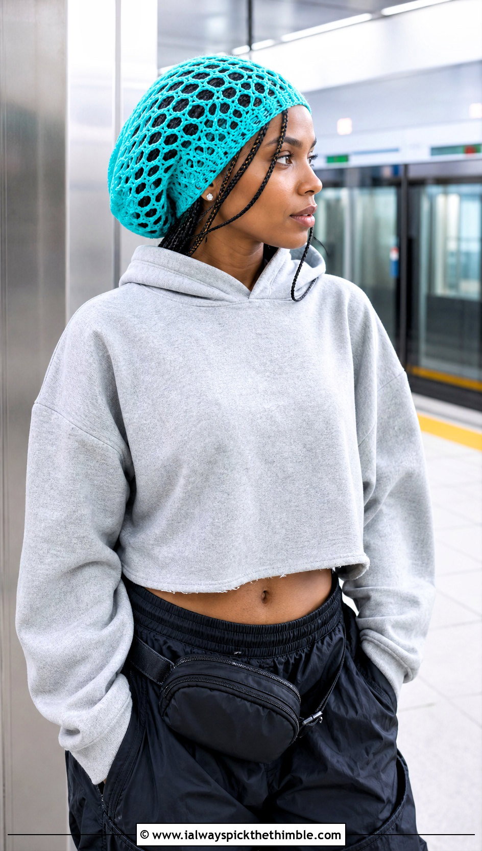 Slouchy Crochet Net Cap With Hoodie And Parachute Pants - 15 crochet hair cap outfit ideas