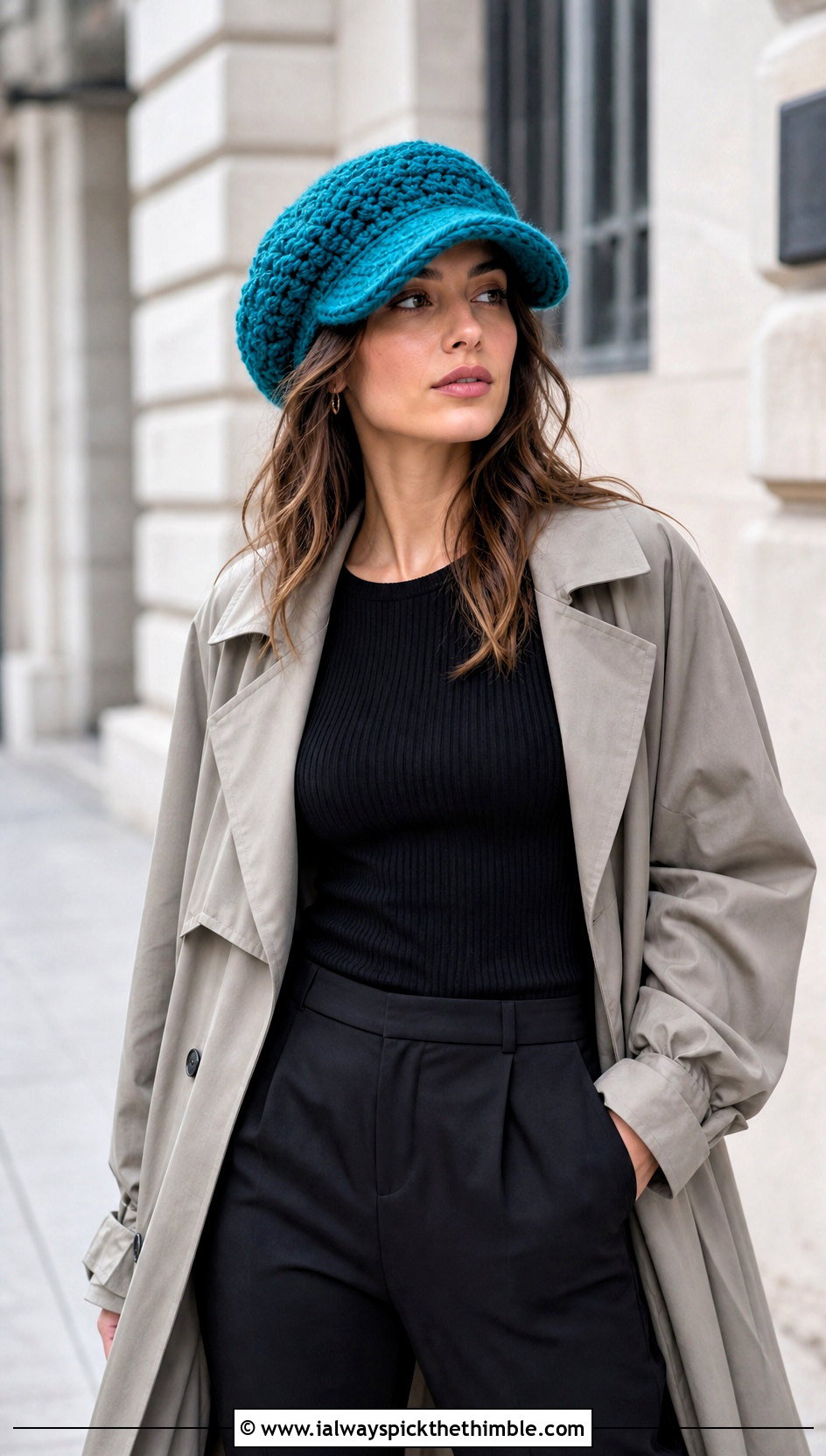 Slouchy Crochet Newsboy Hat With Trench Coat And Trousers - 20 newsboy crochet hat outfit ideas