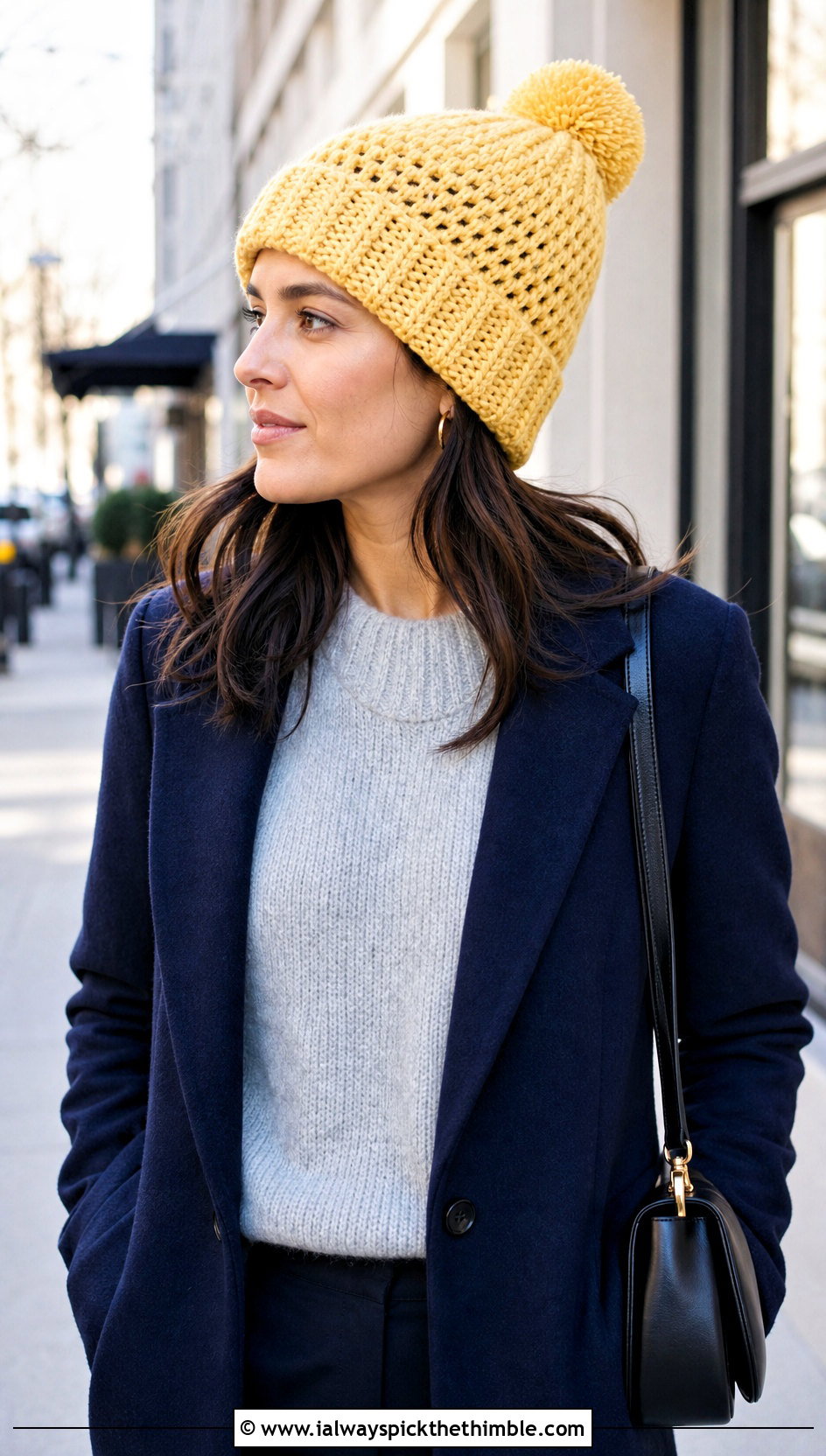 Slouchy Crochet Pom Pom Beanie With Wool Coat - 20 crochet beanie with pom pom outfit ideas