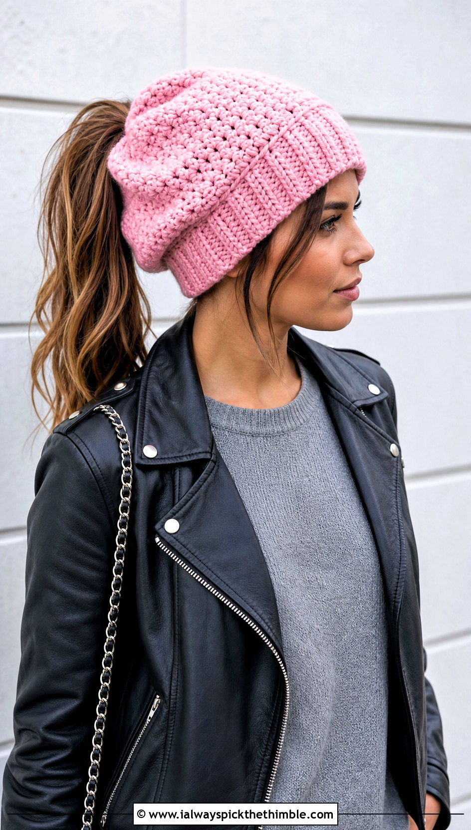 Slouchy Crochet Ponytail Beanie With Leather Jacket - 20 Crochet Beanie With Ponytail Hole Hat outfit ideas