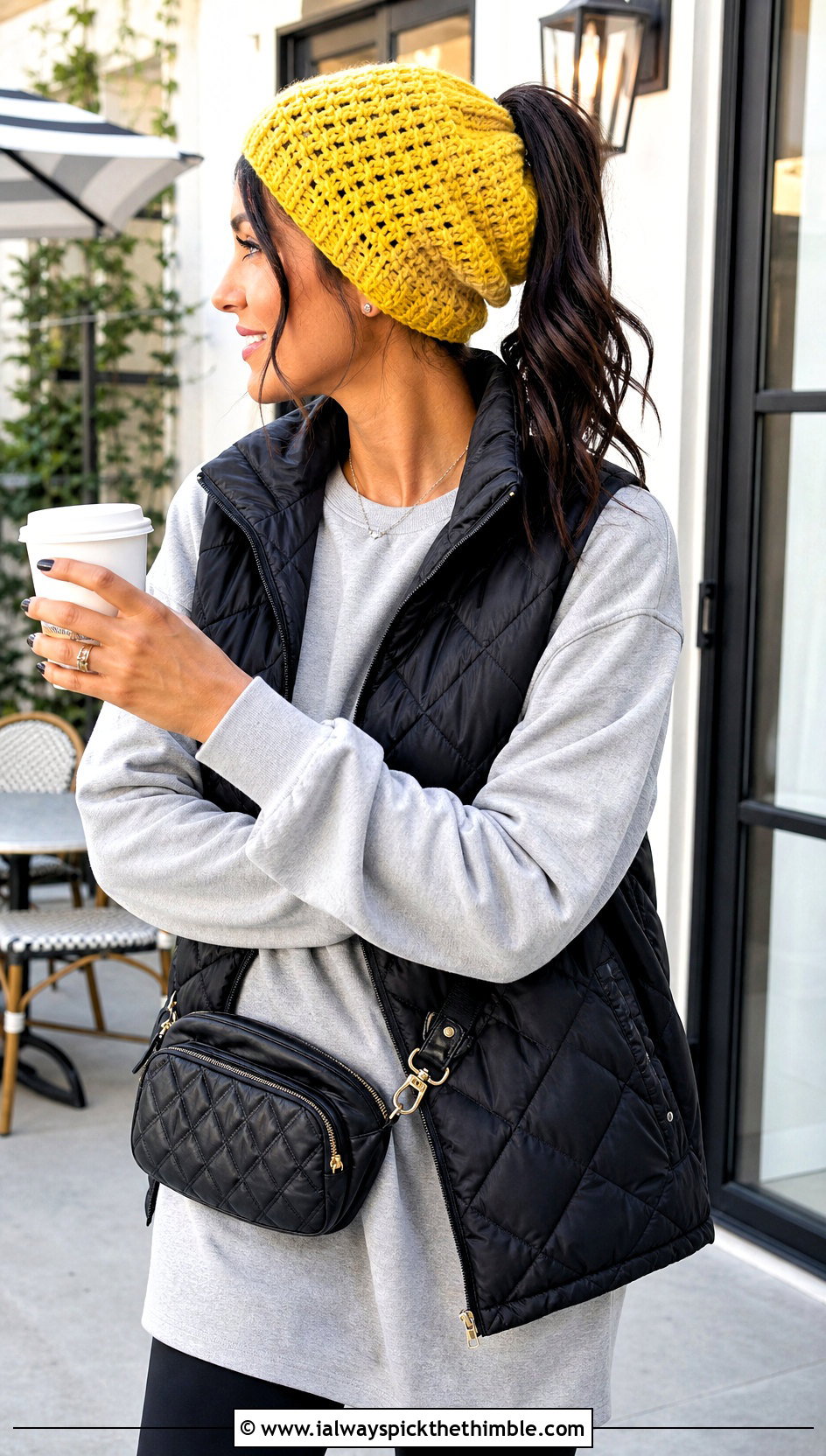 Slouchy Crochet Ponytail Beanie With Leggings - 20 easy crochet ponytail hat outfit ideas
