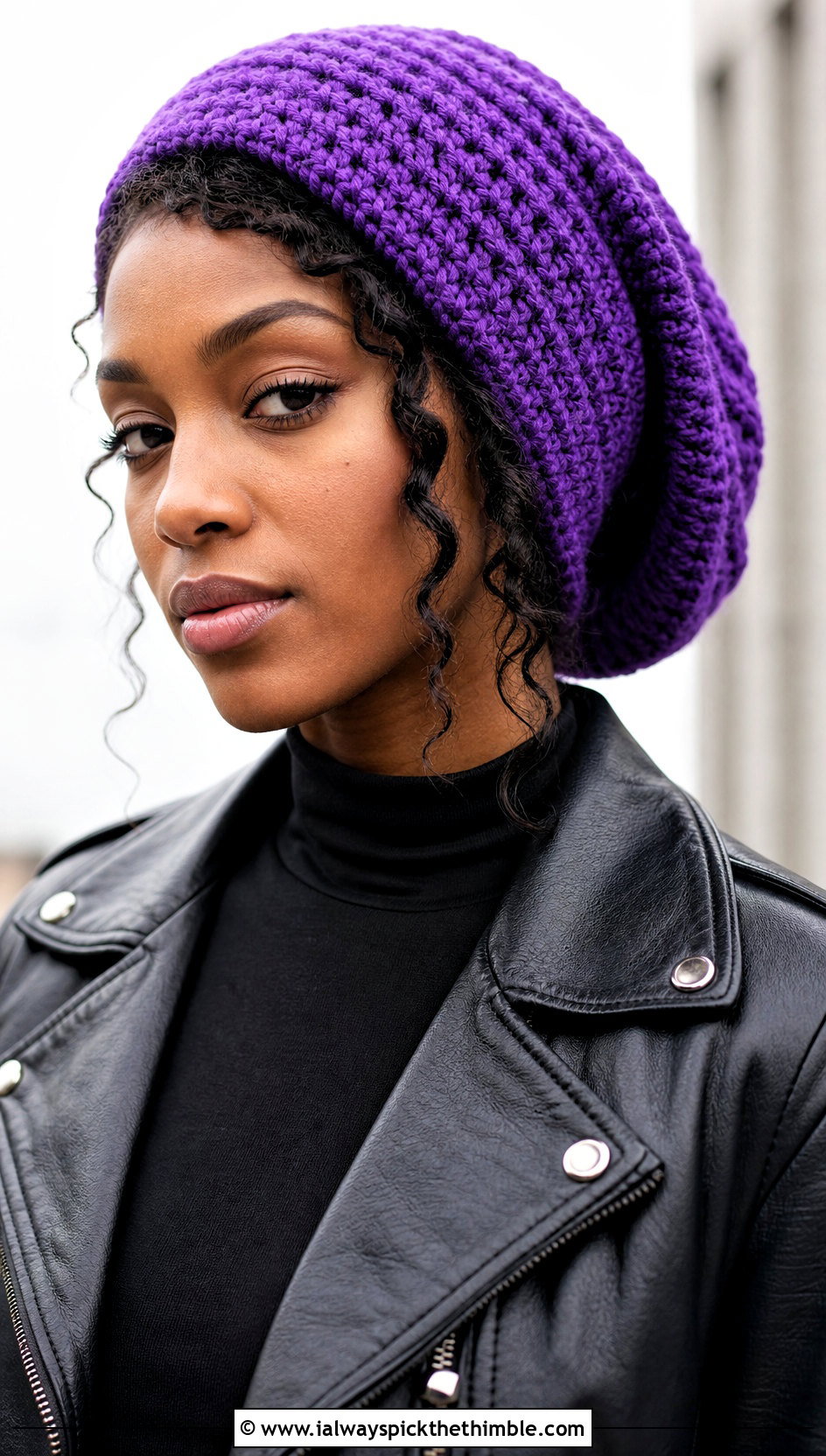 Slouchy Crochet Rasta Beanie With Leather Jacket - 25 crochet rasta hats outfit ideas