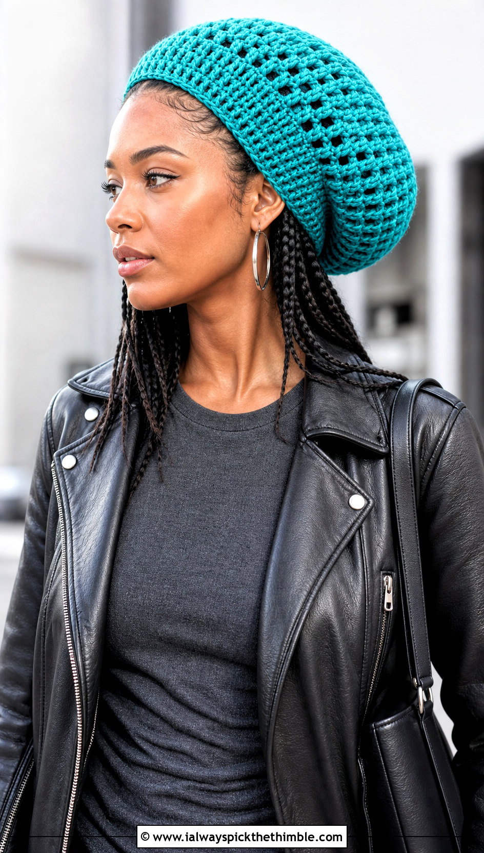 Slouchy Crochet Rasta Tam Hat With Leather Jacket - 20 crochet rasta tam hat outfit ideas