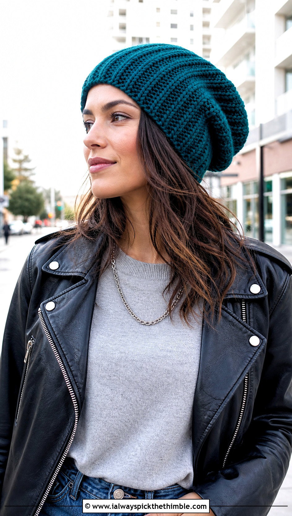 Slouchy Crochet Ribbed Beanie With Leather Jacket - 20 easy crochet ribbed beanie outfit ideas