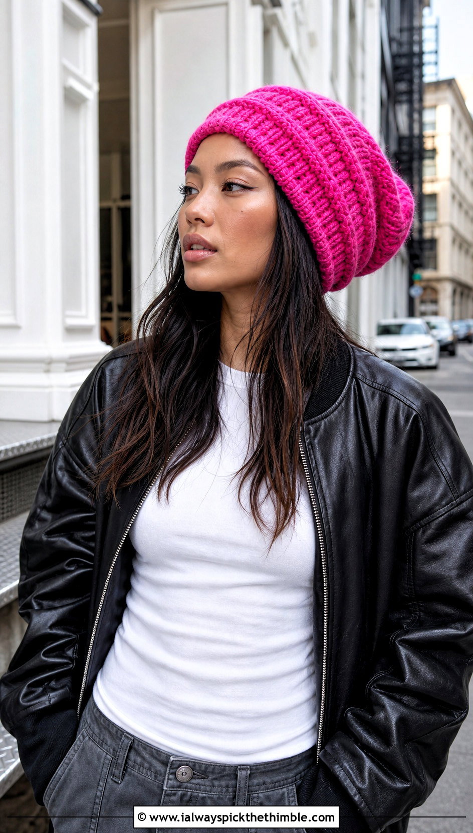 Slouchy Crochet Ribbed Hat With Leather Bomber And Cargo Pants - 20 Easy Crochet Ribbed Hat outfit ideas