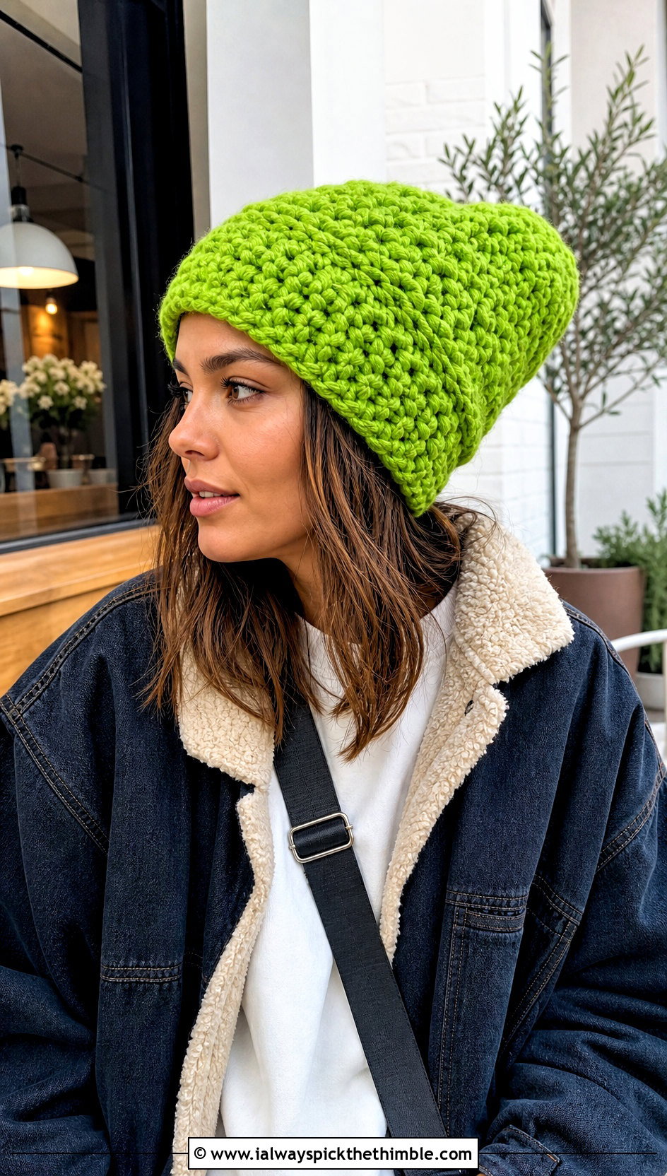 Slouchy Crochet Ski Hat With Denim Jacket And Leggings - 20 crochet ski hat outfit ideas