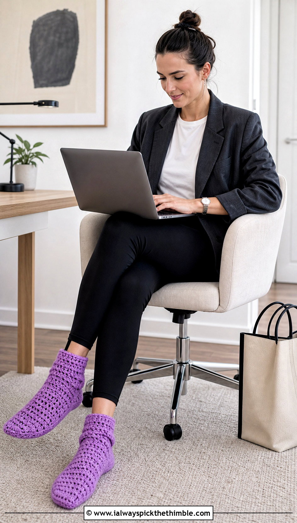 Slouchy Crochet Slipper Socks With Oversized Blazer - 20 Crochet Slipper Socks outfit ideas