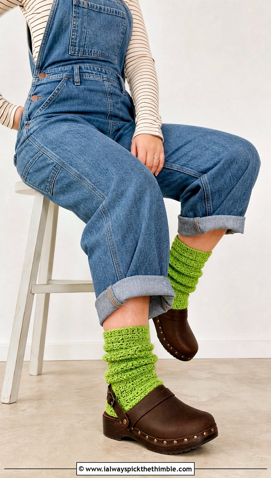 Slouchy Crochet Socks With Clogs And Denim Overalls - 25 crochet socks outfit ideas