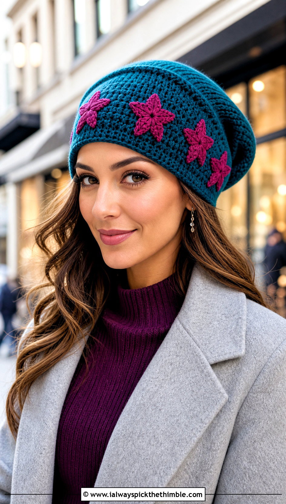 Slouchy Crochet Star Beanie With Sweater Dress - 20 crochet star hat outfit ideas