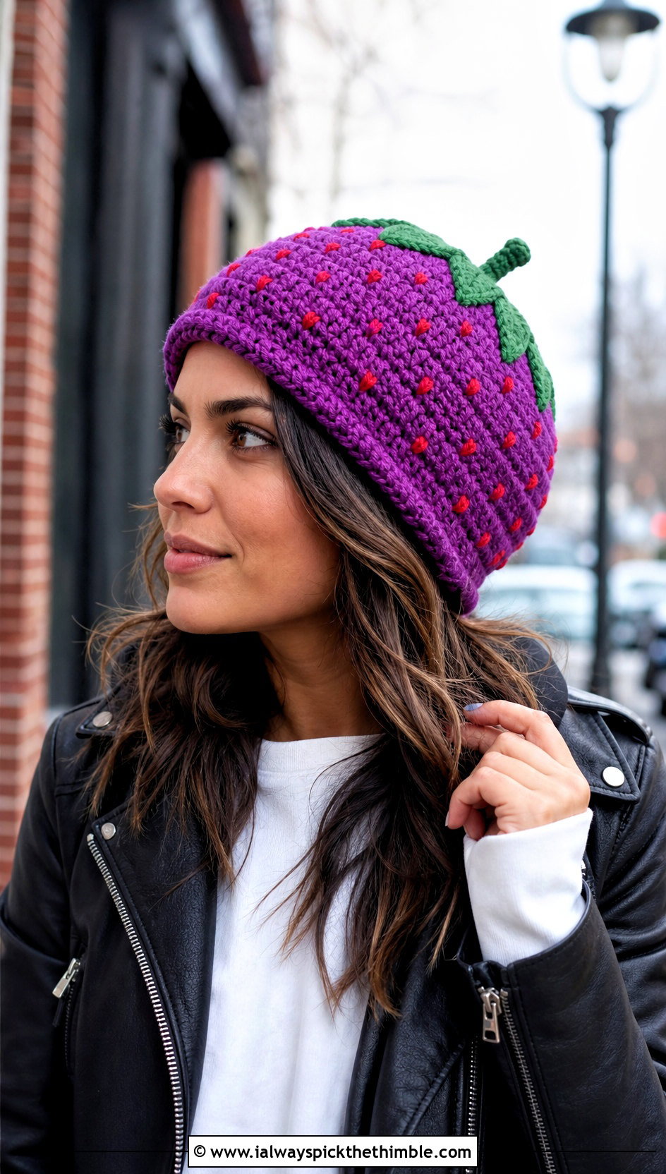 Slouchy Crochet Strawberry Beanie With Leather Jacket - 20 Crochet Strawberry Beanie outfit ideas