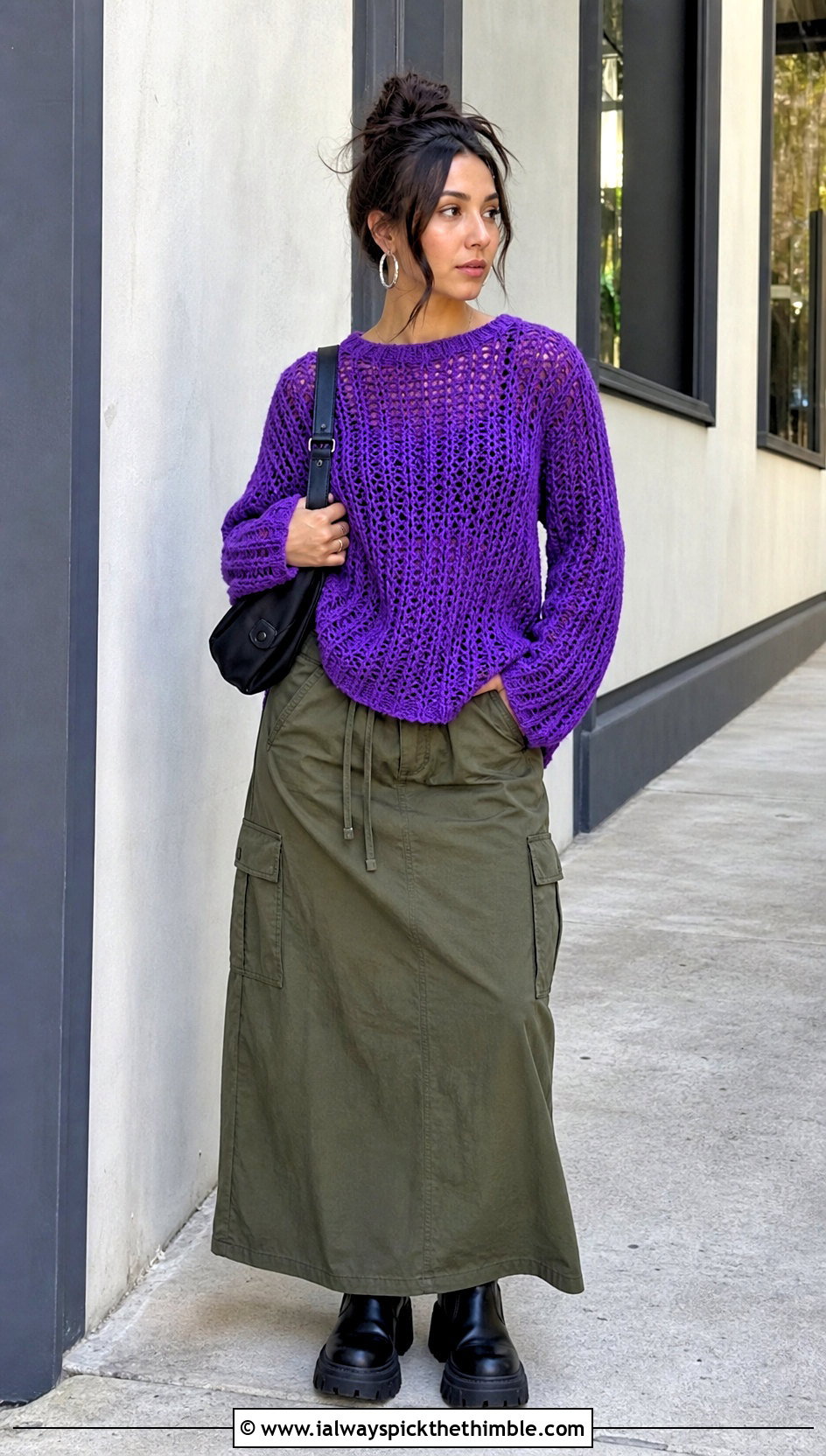 Slouchy Crochet Sweater With Cargo Maxi Skirt - 25 colorful crochet sweater outfit ideas