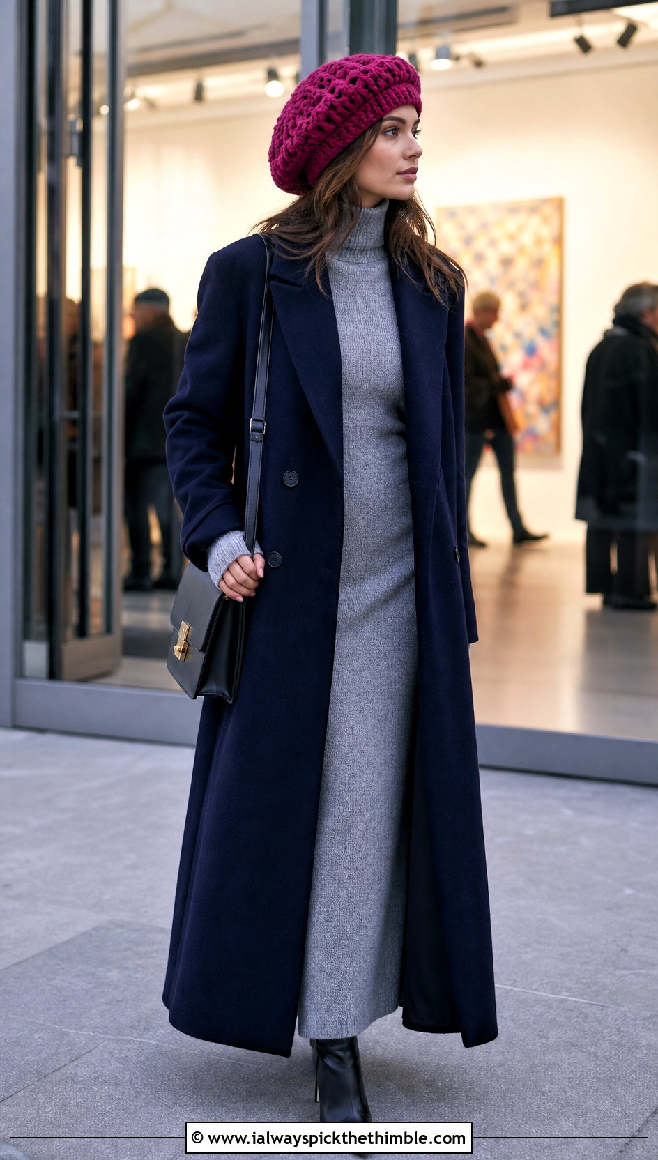 Slouchy Crochet Tam With Long Coat And Column Dress - 20 flat crochet hat outfit ideas