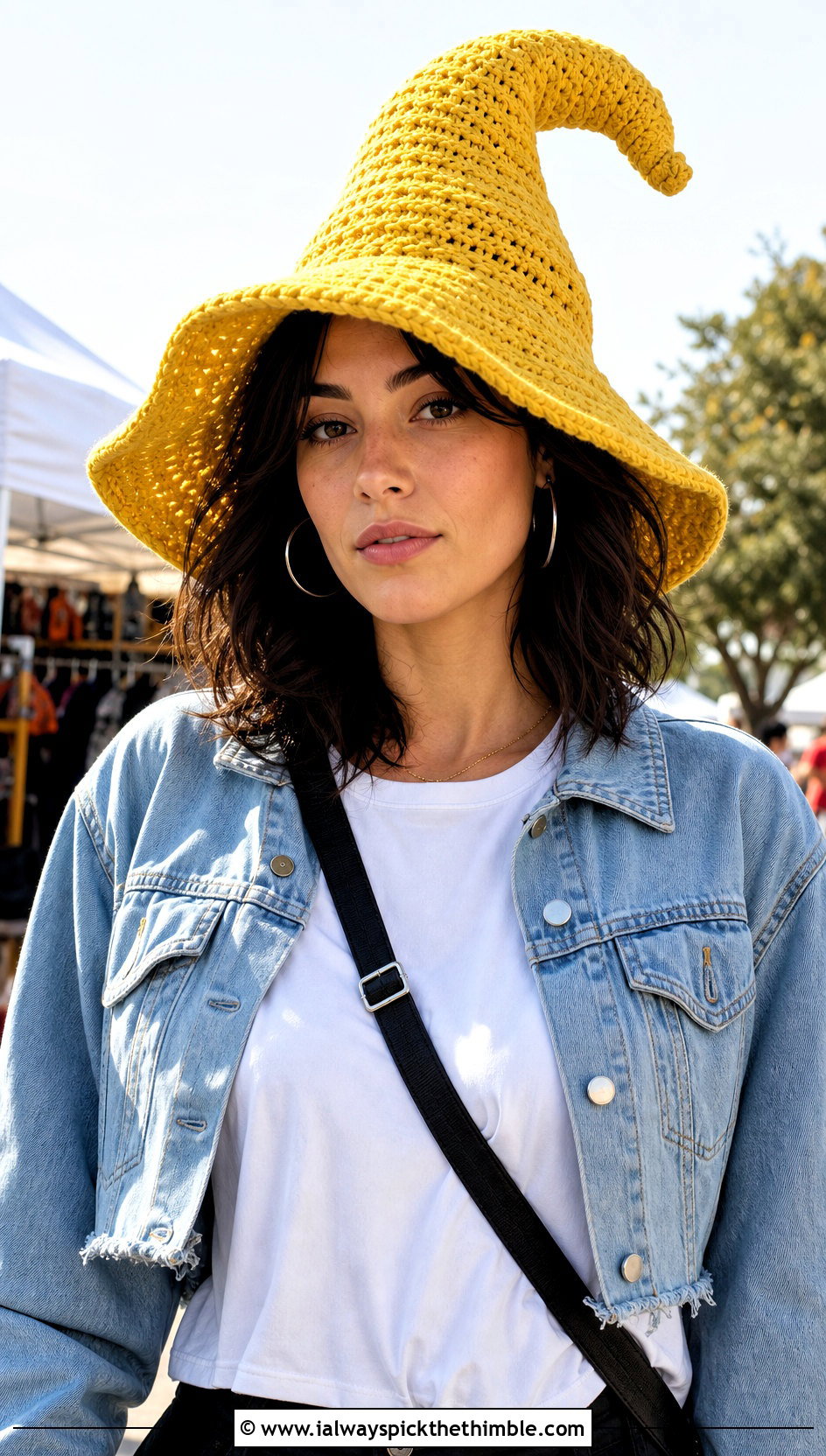 Slouchy Crochet Witch Hat With Denim Jacket - 15 Witch's Crochet Hat outfit ideas