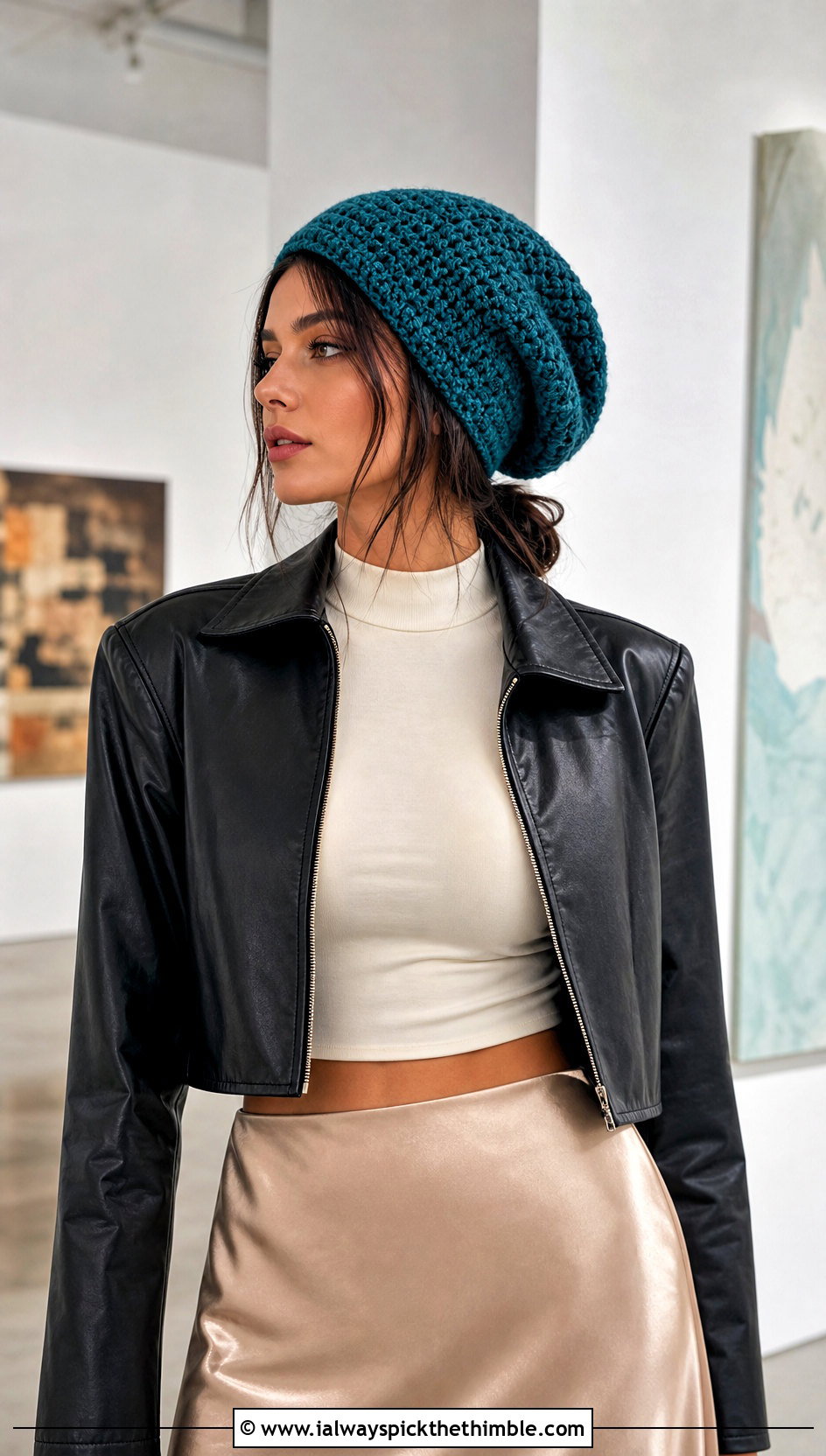 Slouchy Crocheted Beanie With Leather Jacket And Satin Skirt - 25 crocheted beanie outfit ideas
