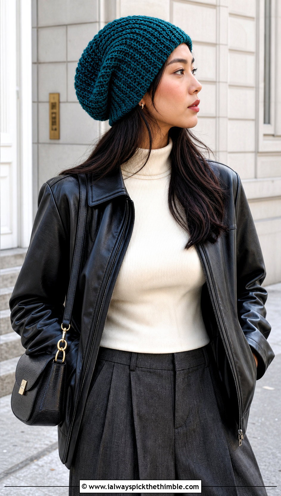 Slouchy Crocheted Beanie With Leather Jacket And Wide Leg Pants - 25 crocheted beanies outfit ideas