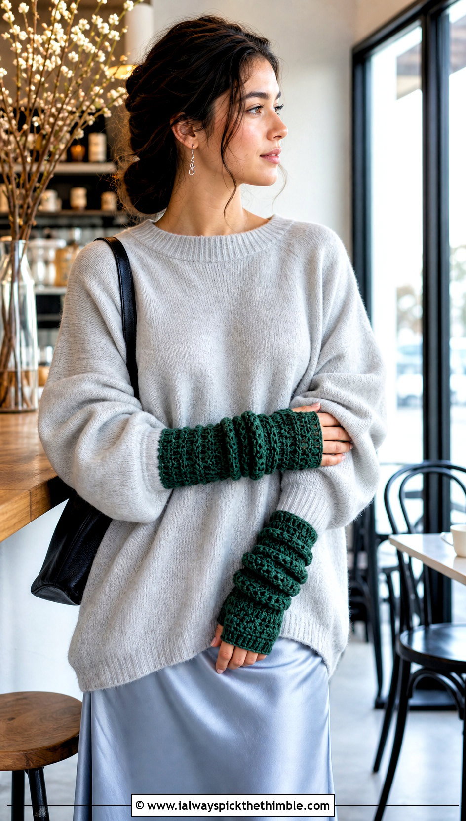 Slouchy Crocheted Wrist Warmers With Oversized Sweater And Slip Skirt - 20 crocheted fingerless gloves outfit ideas