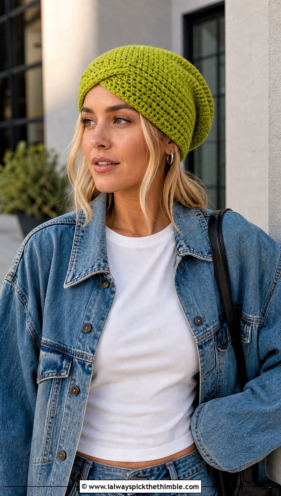 Slouchy Crossed Half Double Crochet Beanie With Denim Jacket - 15 crossed half double crochet hat outfit ideas