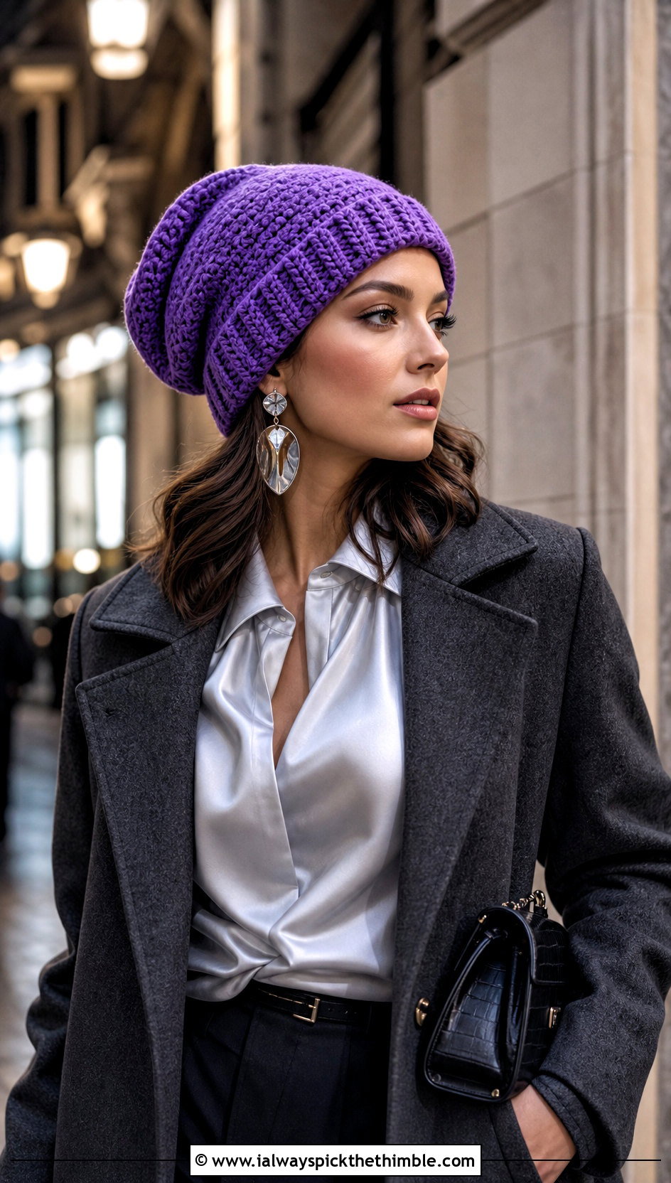 Slouchy Cuffed Crochet Beanie With Satin Blouse And Wide Leg Pants - 15 Cuffed Crochet Beanie outfit ideas