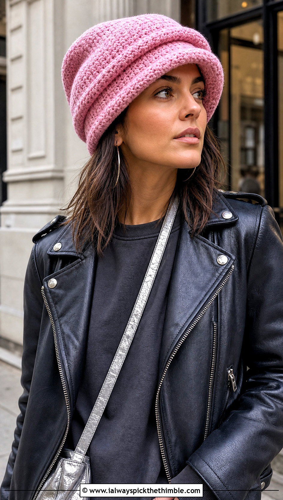 Slouchy Double Brim Crochet Hat With Leather Jacket - 20 Double Brim Crochet Hat outfit ideas