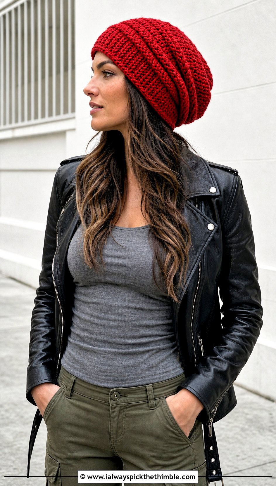 Slouchy Double Crochet Beanie With Leather Jacket And Cargo Pants - 25 double crochet beanie outfit ideas
