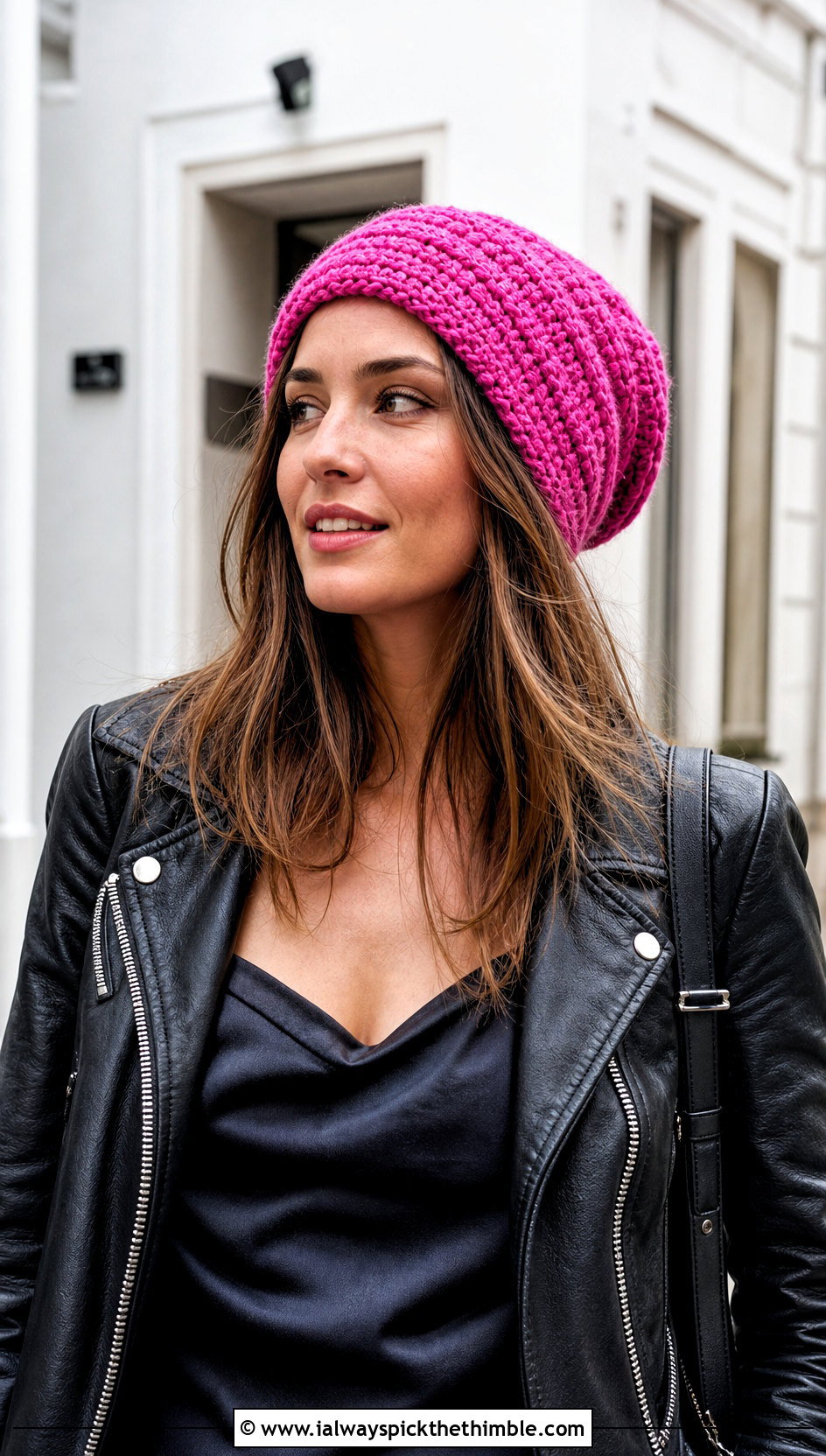 Slouchy Double Layer Crochet Beanie With Leather Jacket - 15 Double Layer Crochet Hat outfit ideas