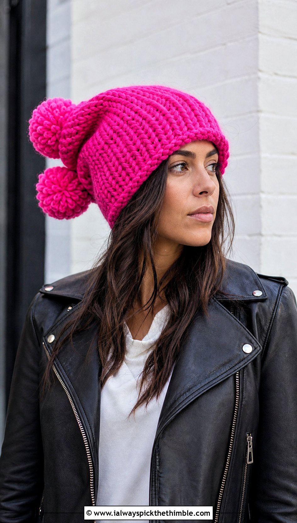 Slouchy Double Pom Pom Crochet Hat With Leather Jacket - 20 Crochet Double Pom Pom Hat outfit ideas