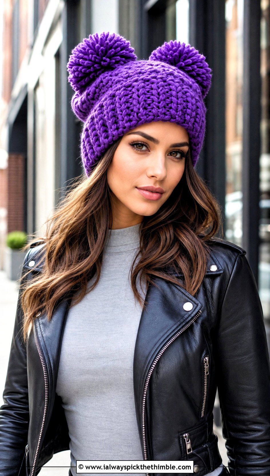 Slouchy Double Pompom Crochet Hat With Leather Jacket - 20 Double Pompom Crochet Hat outfit ideas