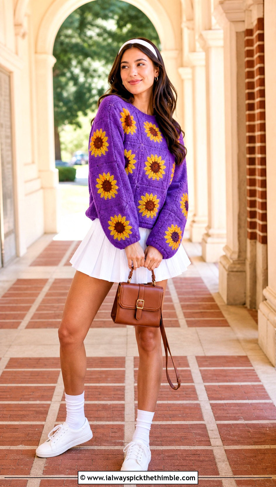 Slouchy Drop Shoulder Sunflower Granny Square Pullover Sweater With Tennis Skirt - 15 Sunflower Granny Square Pullover Sweater outfit ideas