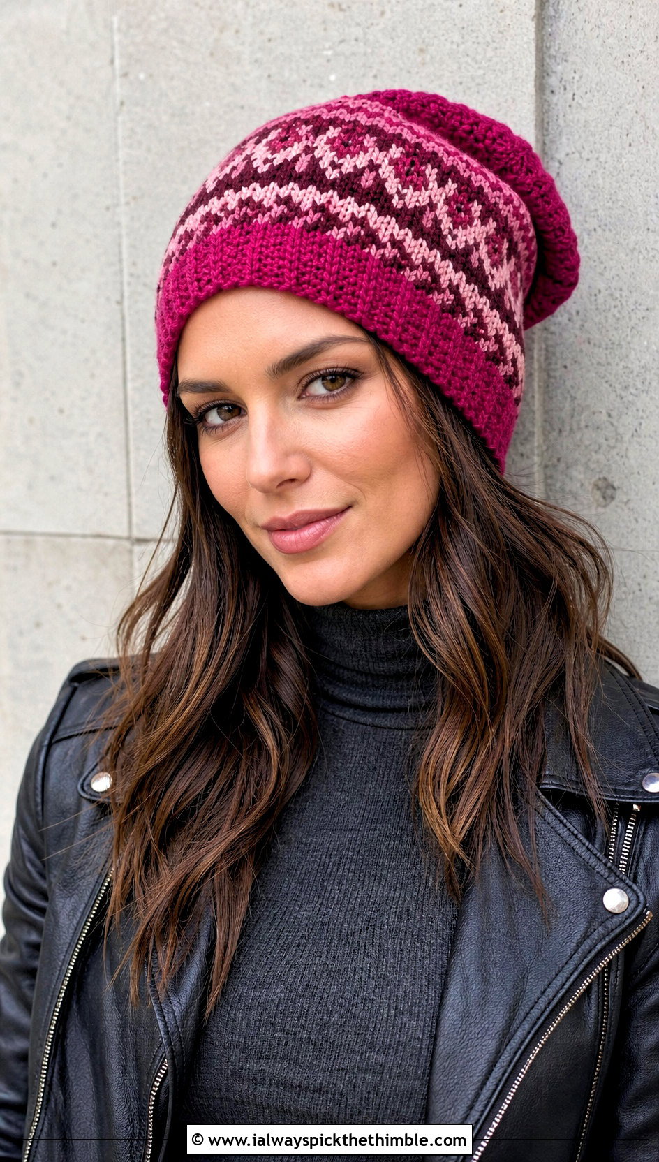 Slouchy Fair Isle Crochet Beanie With Leather Jacket - 20 fair isle crochet hat outfit ideas