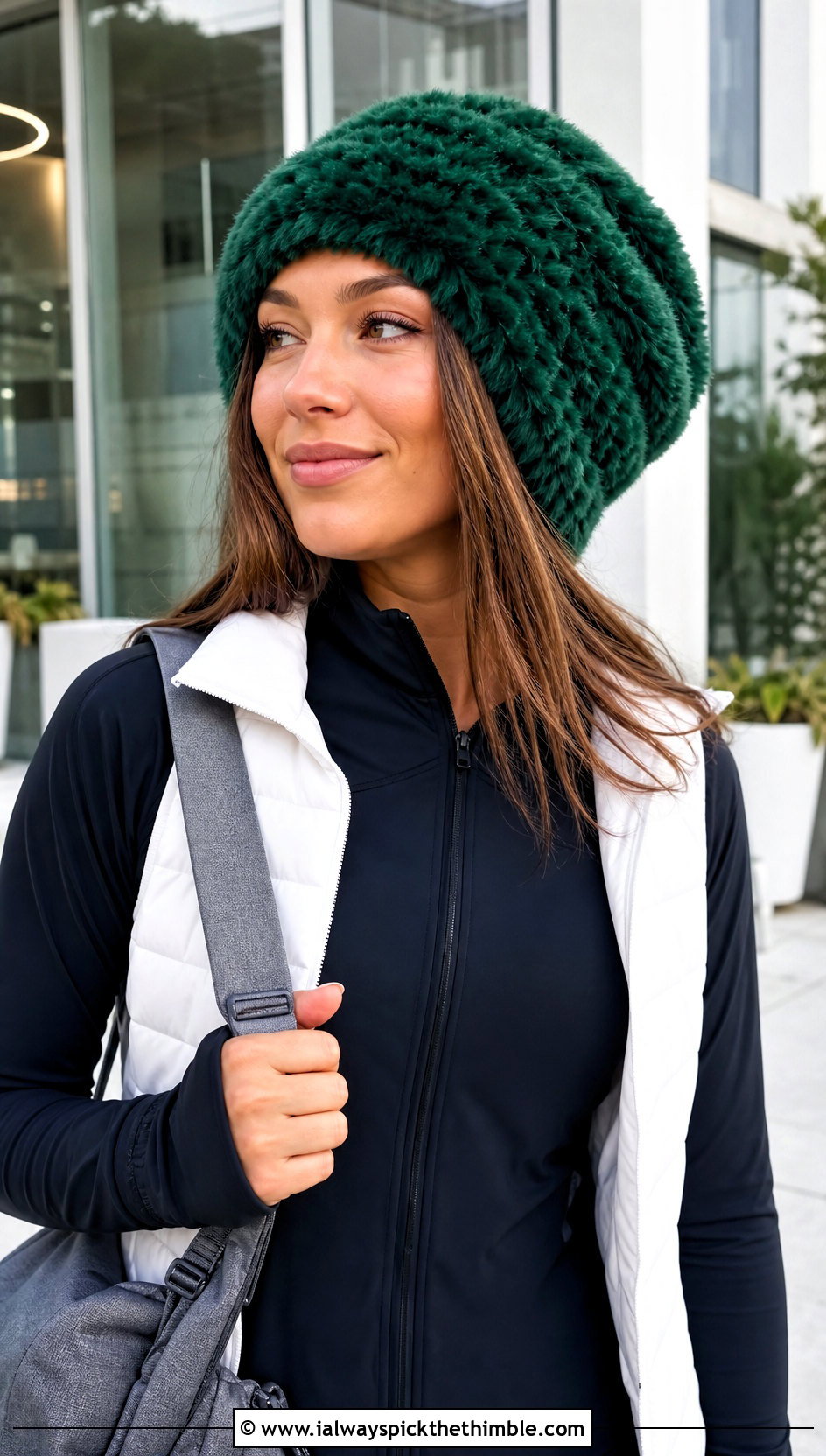 Slouchy Faux Fur Crochet Hat With Athleisure Set - 25 crochet fur hat outfit ideas