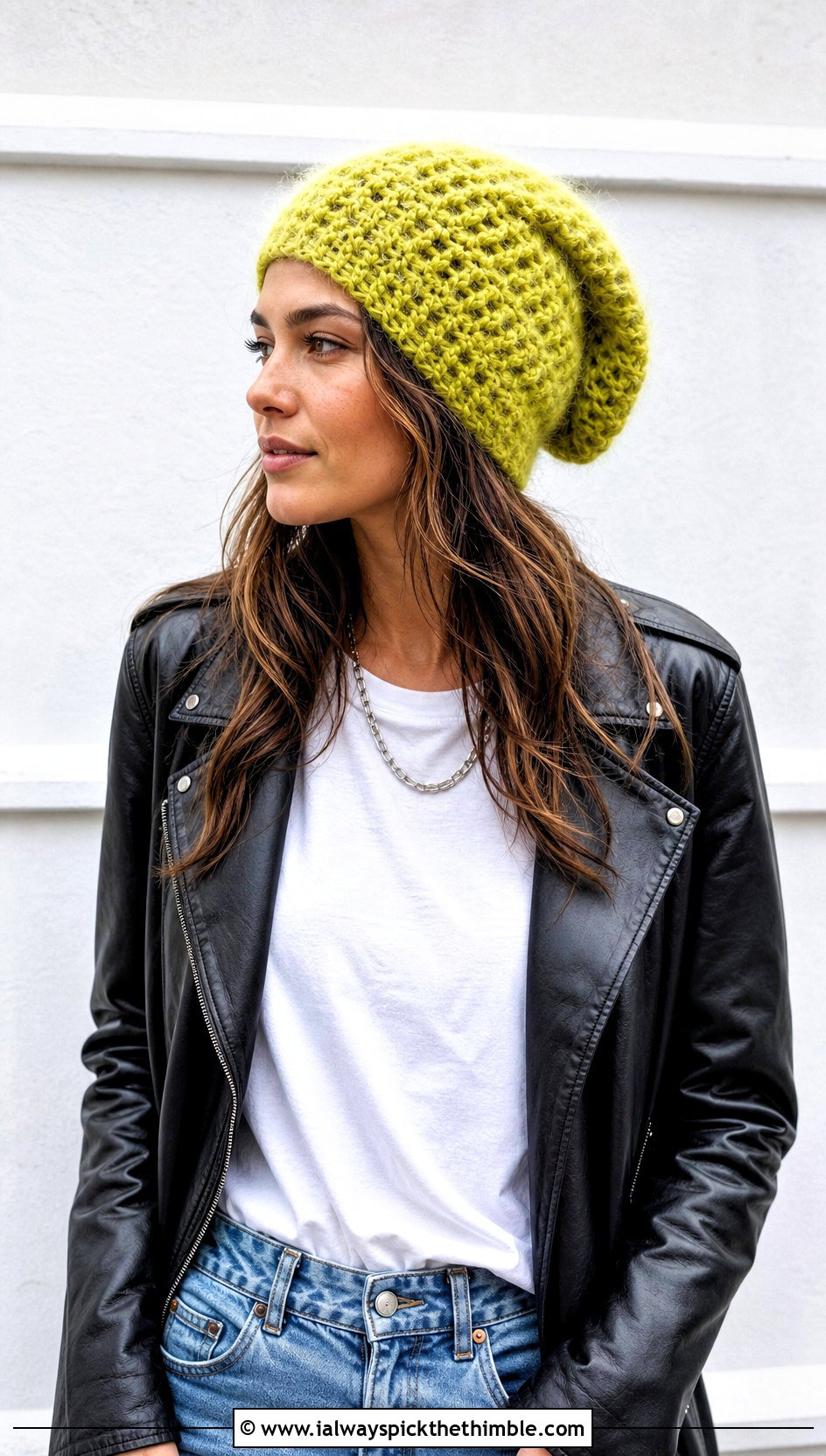 Slouchy Fluffy Crochet Beanie With Leather Jacket - 20 fluffy crochet beanie outfit ideas