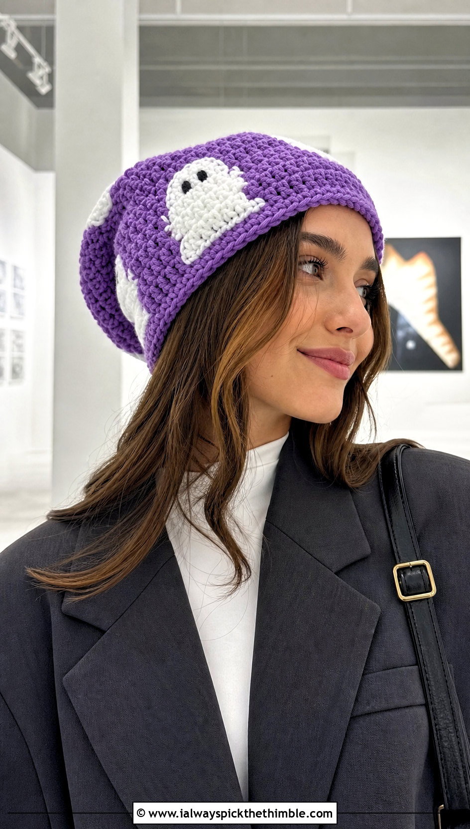 Slouchy Ghost Crochet Beanie With Oversized Blazer - 20 Ghost Crochet Hat outfit ideas