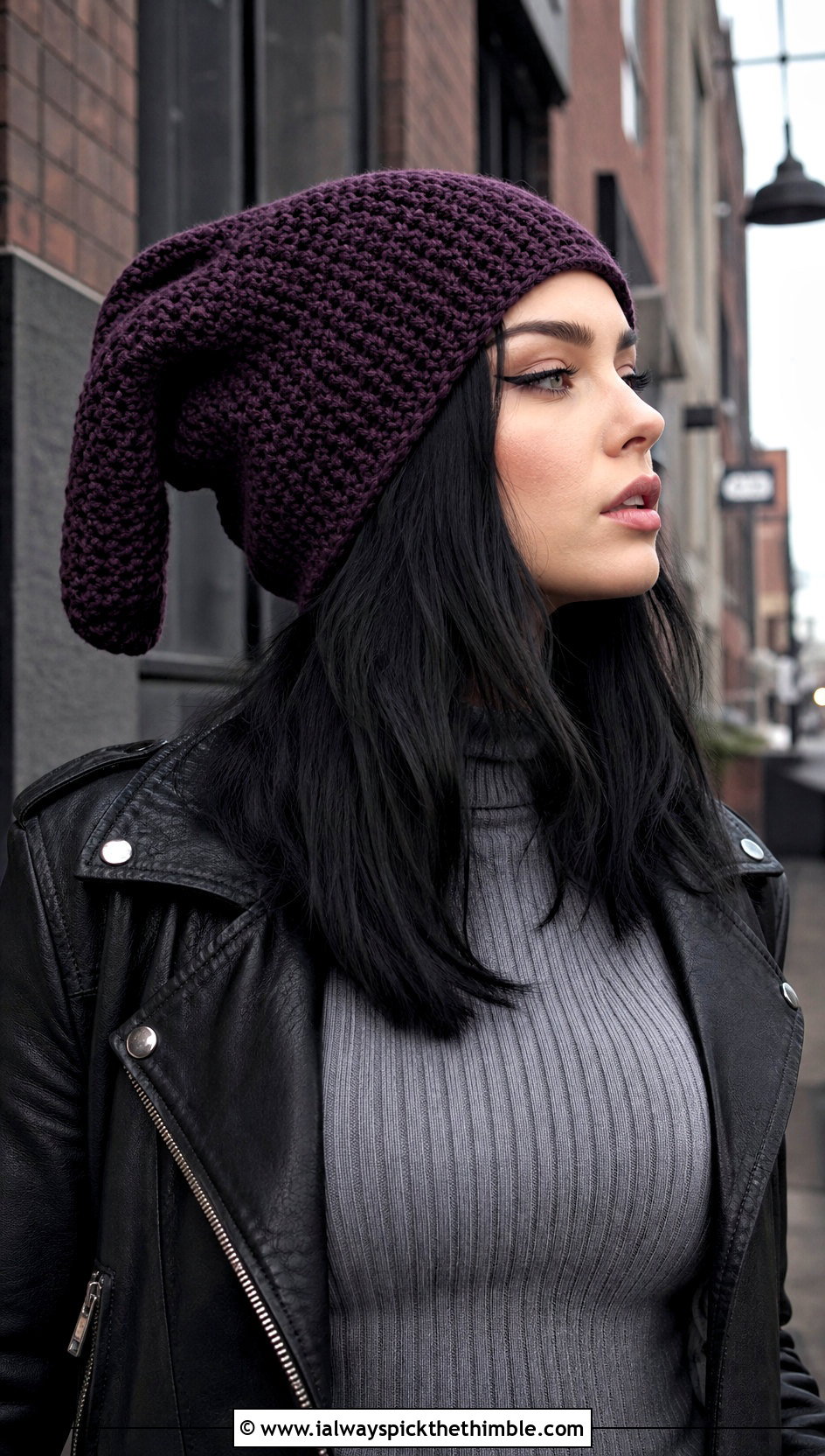 Slouchy Gnome Crochet Pointed Hat With Leather Jacket - 20 Crochet Pointed Hat outfit ideas