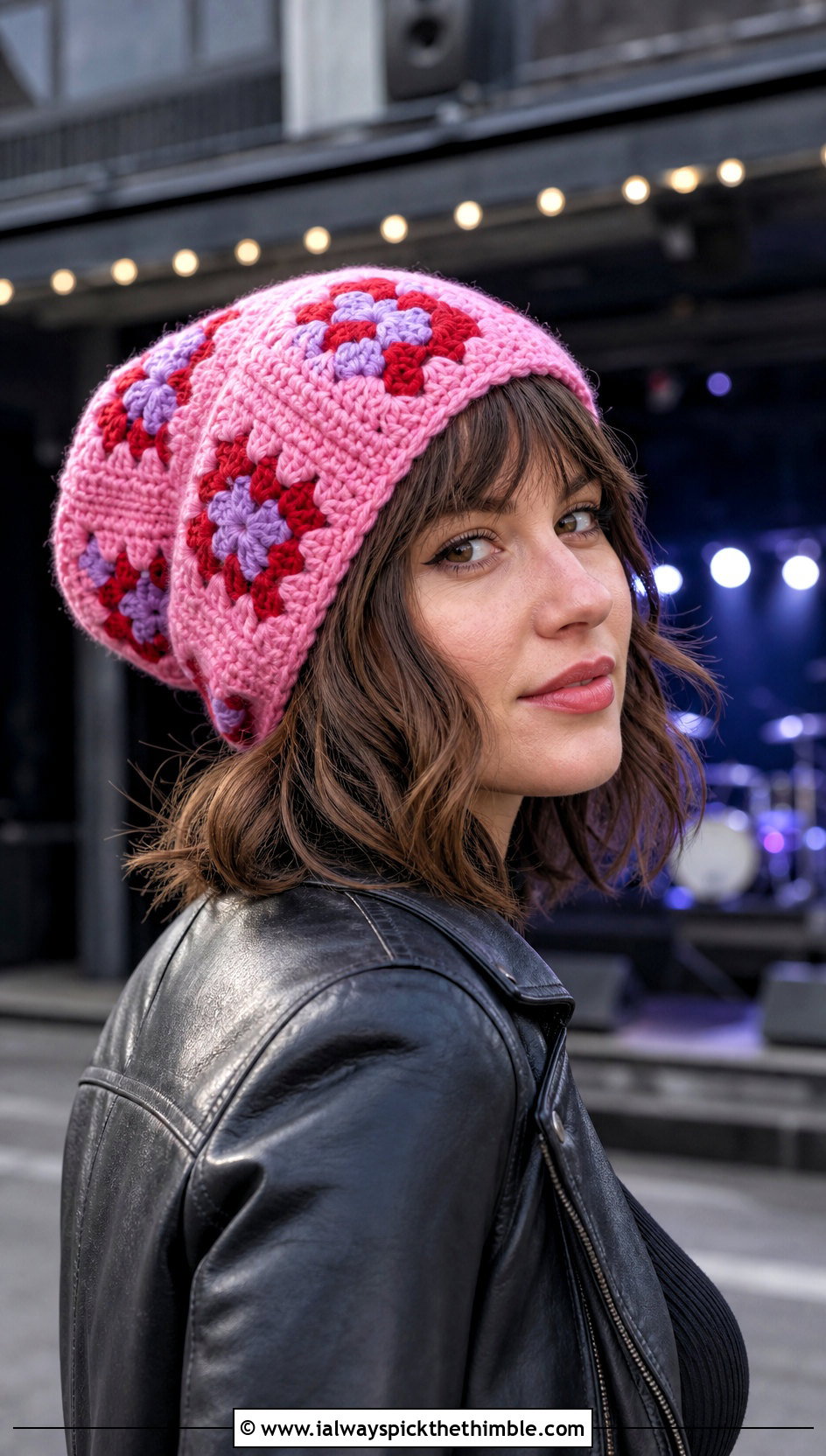 Slouchy Granny Square Beanie With Leather Jacket - 25 crochet granny square beanie outfit ideas