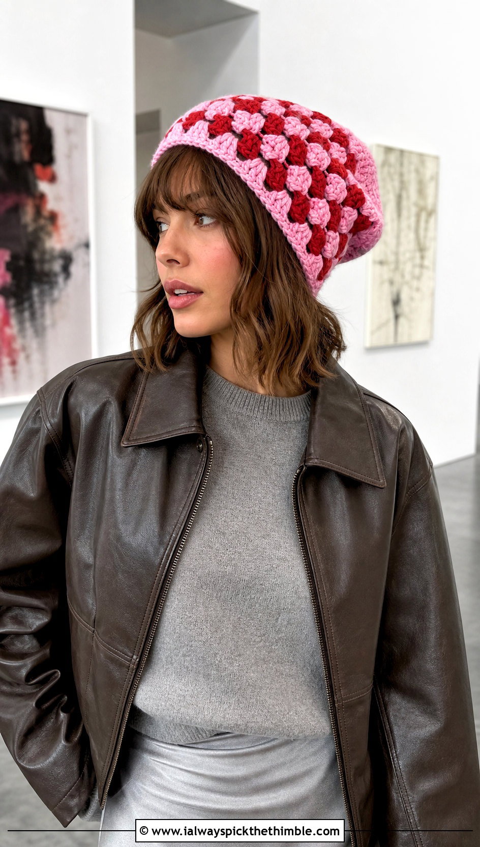 Slouchy Granny Square Beanie With Satin Skirt - 20 granny square beanie outfit ideas