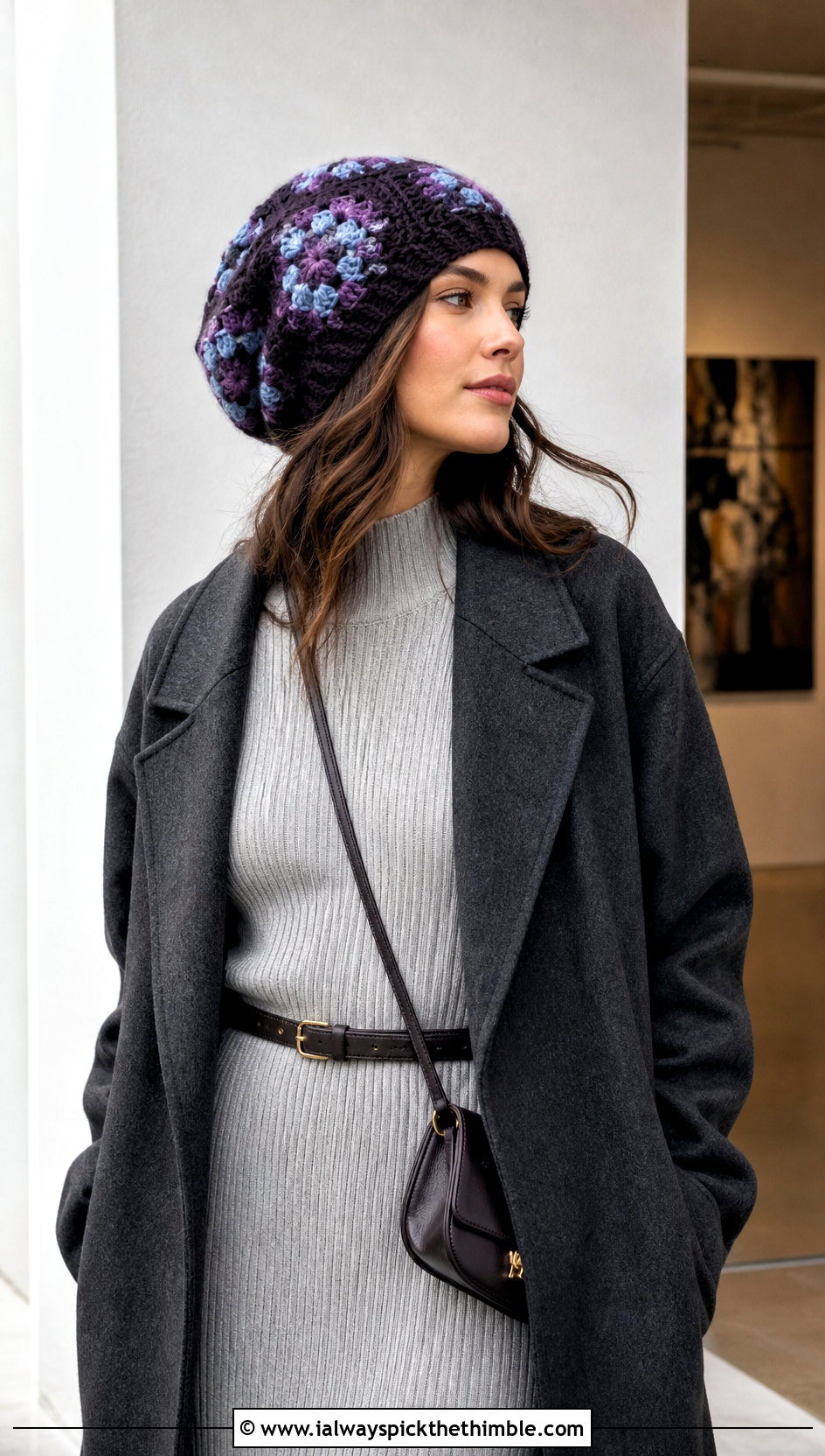 Slouchy Granny Square Hat With Knit Dress - 20 Easy Crochet Granny Square Hats outfit ideas