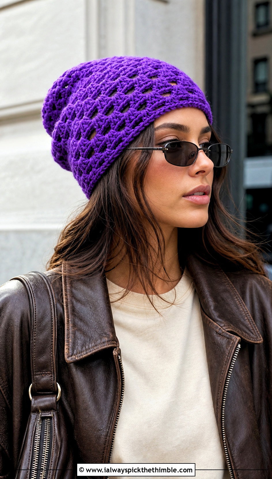Slouchy Granny Stitch Beanie With Leather Jacket - 20 granny stitch crochet hat outfit ideas